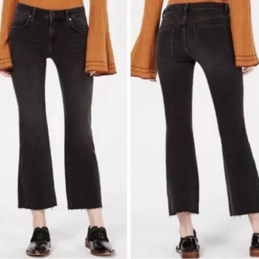 Free People Rita Crop Frayed Flare Black Jeans Women's Size 30 Retro Festival